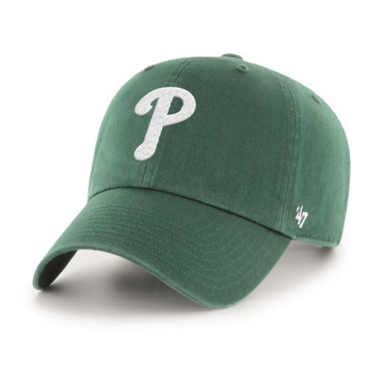 Green baseball cap with a white logo on a white background