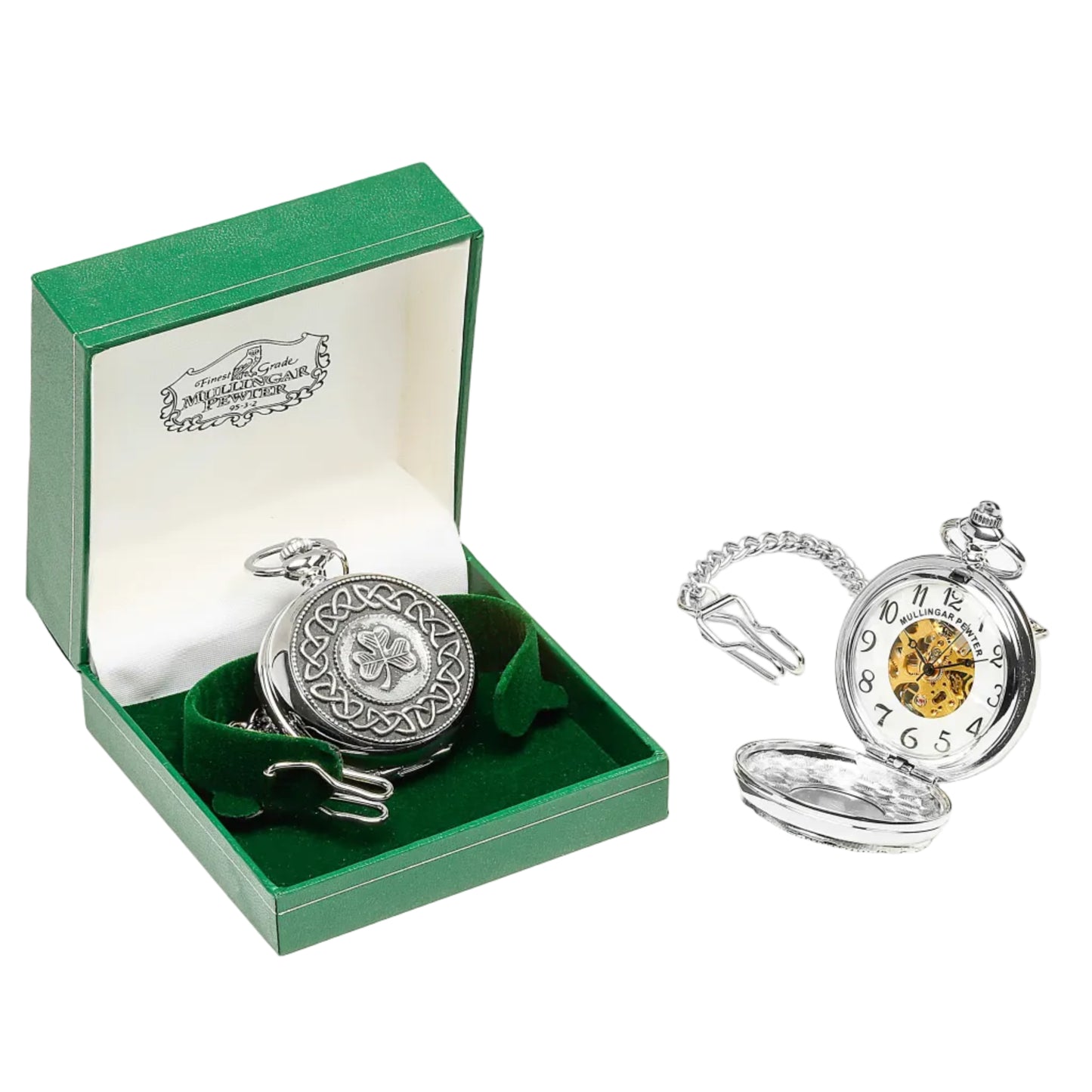 Silver-colored pocket watch with pewter celtic knotwork and shamrock on the outside and intricate gold detailing on the inside.