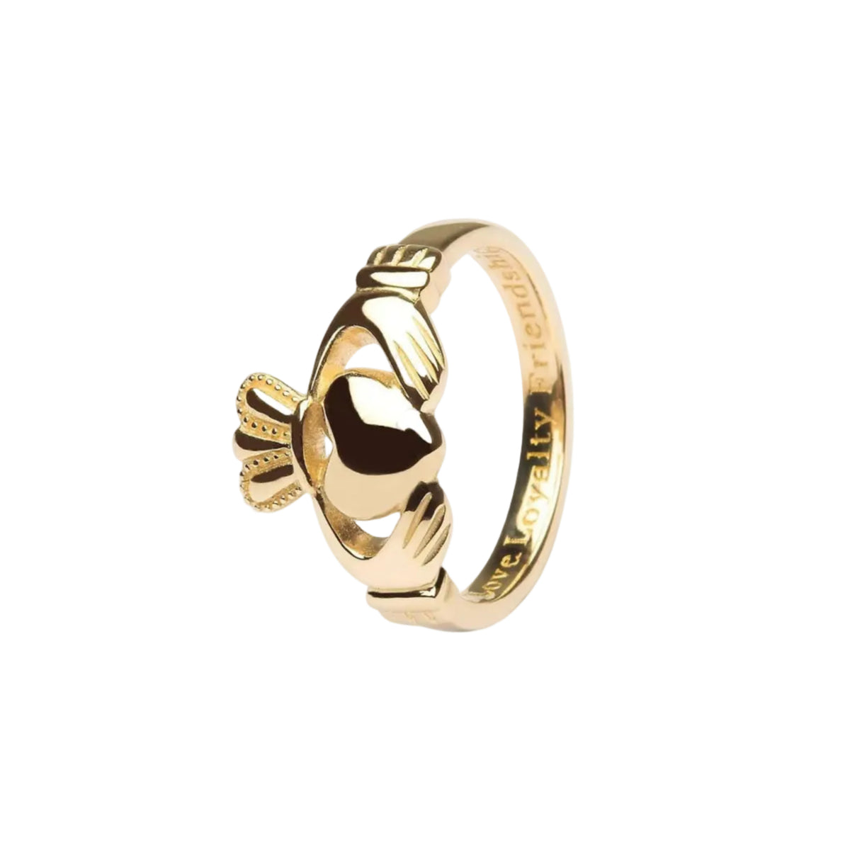 Gold claddagh ring on a white background.