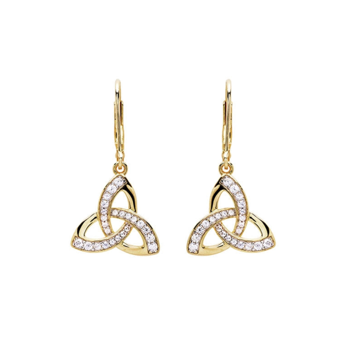 Gold Celtic knot earrings with clear stones on a white background