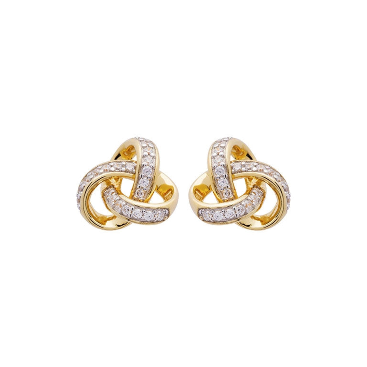 Gold knot earrings with embedded diamonds on a white background