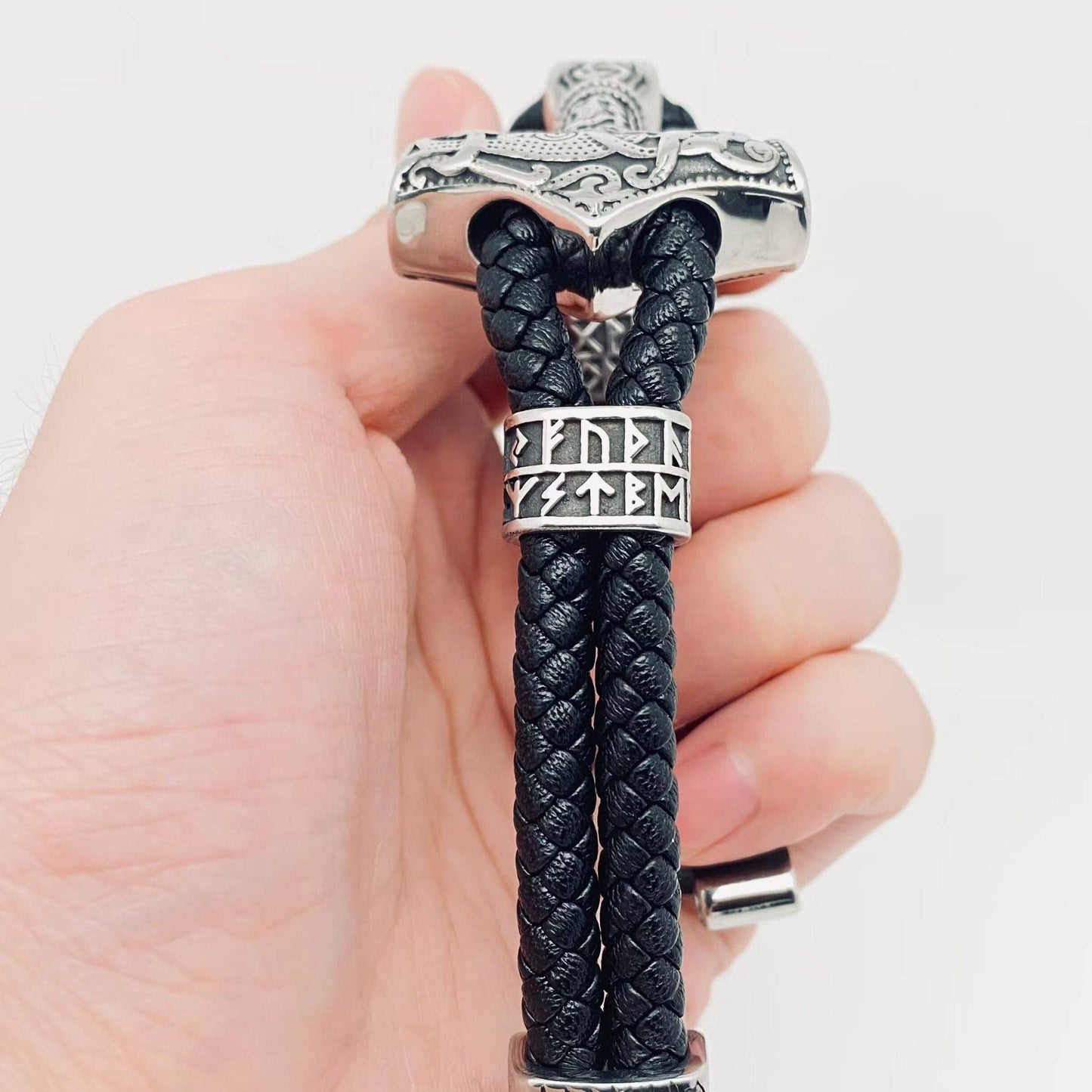 Viking Rune Stainless Steel Leather Bracelet