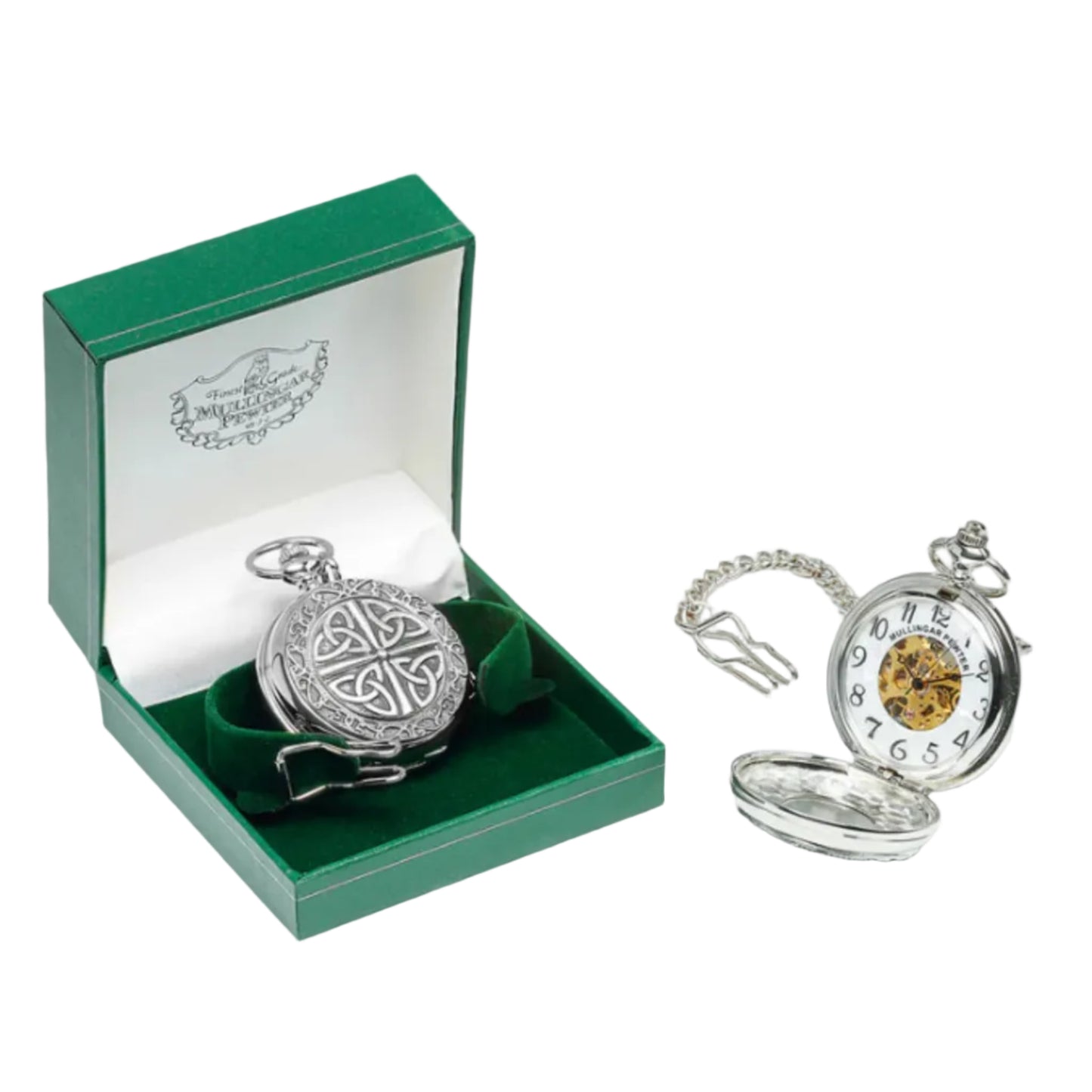 Silver-colored pocket watch with four trinity knots and celtic knotwork on the outside and intricate gold detailing on the inside.