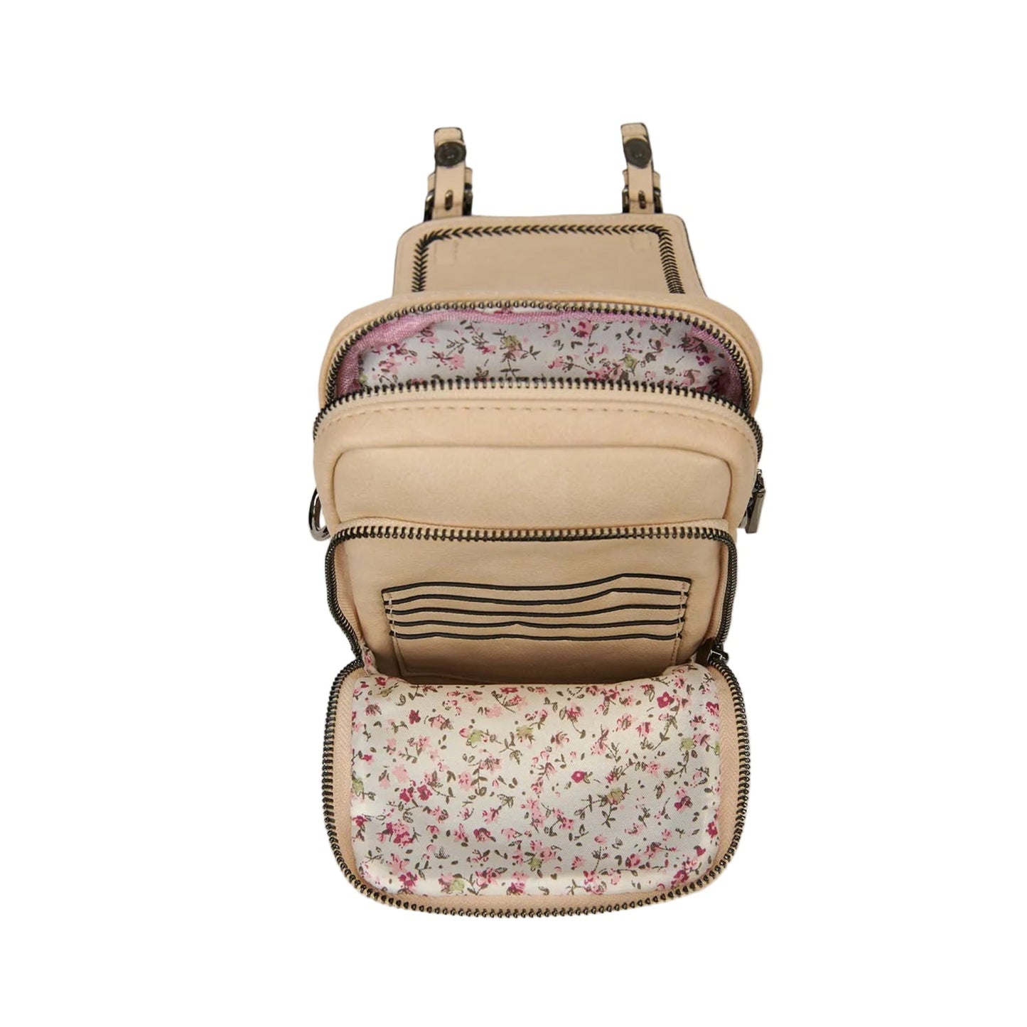 Beige backpack with floral interior on a white background