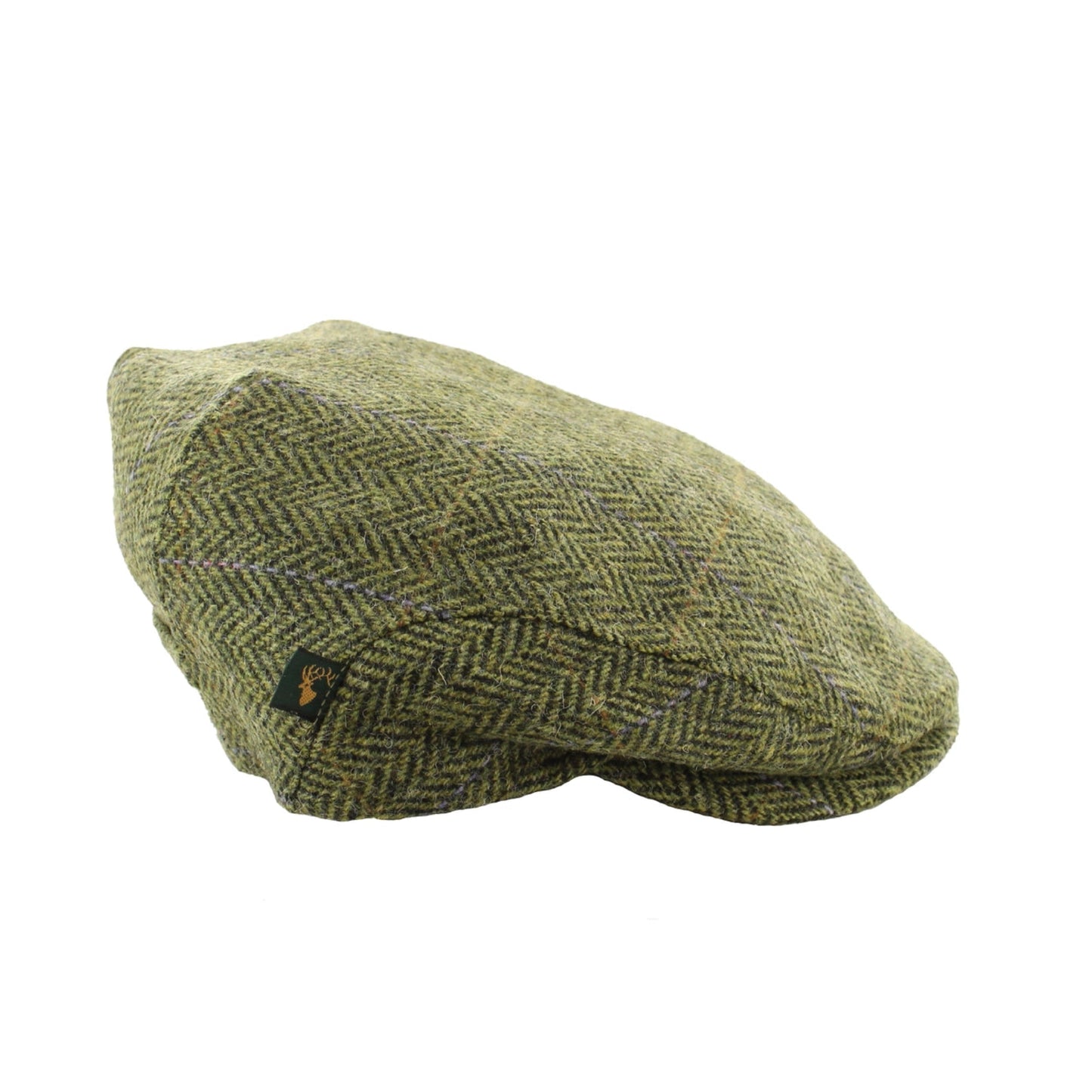Green herringbone patterned flat cap on a white background