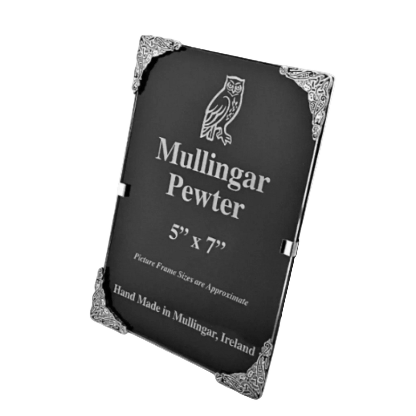 Mullingar Pewter picture frame with decorative corners on a white background