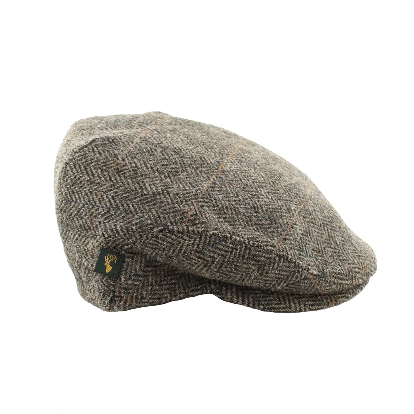Herringbone patterned flat cap with a brand logo on a white background
