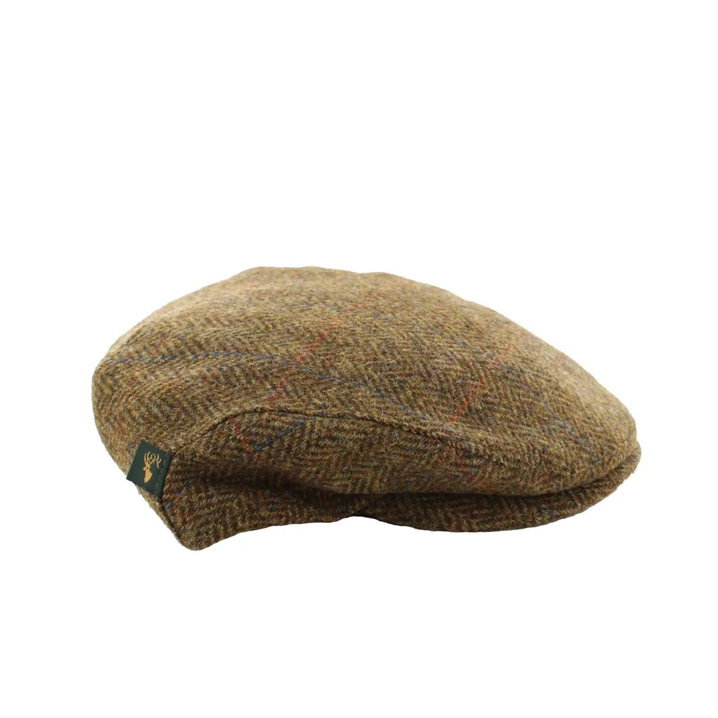 Brown flat cap with a brand logo on a white background