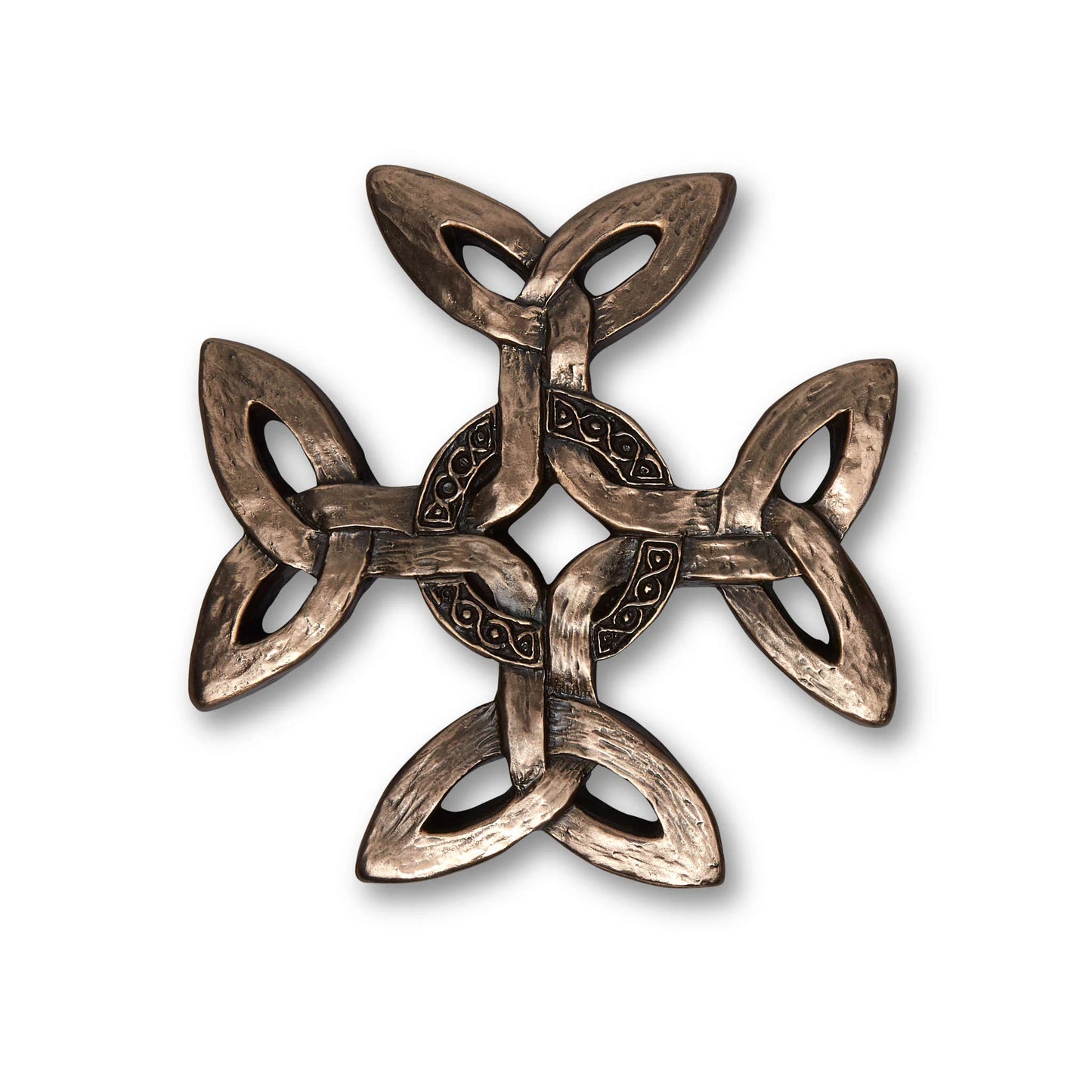 Bronze Celtic knot design on a white background