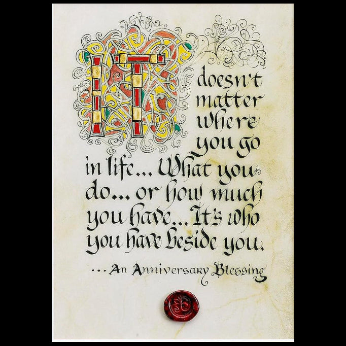 Decorative card with an anniversary blessing quote and a red wax seal.