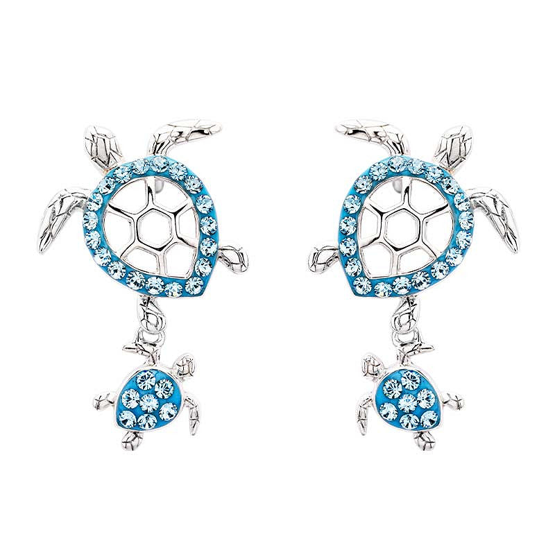 Two Turtle Swarovski Crystal Rhodium Plated Sterling Silver Drop Dangle Earrings