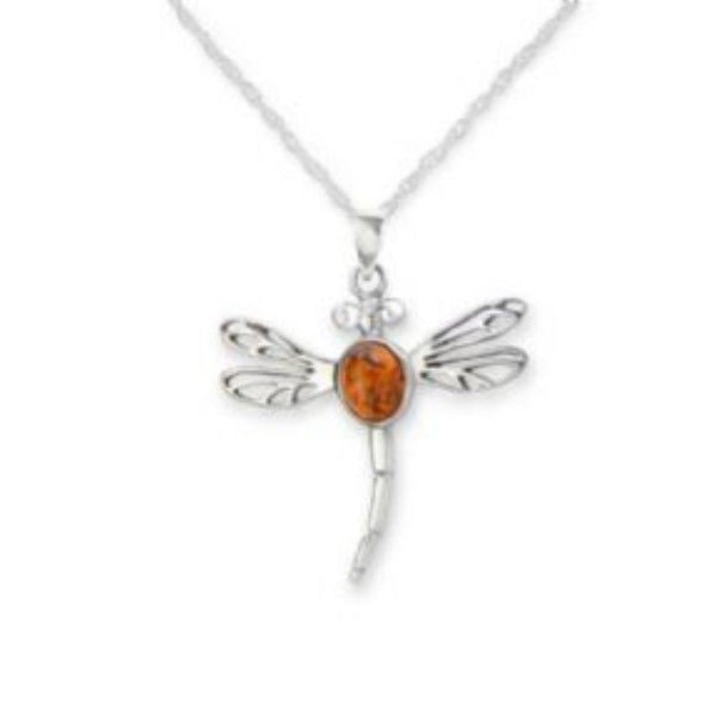 A silver dragonfly necklace with a partially opaque brown stone in the center