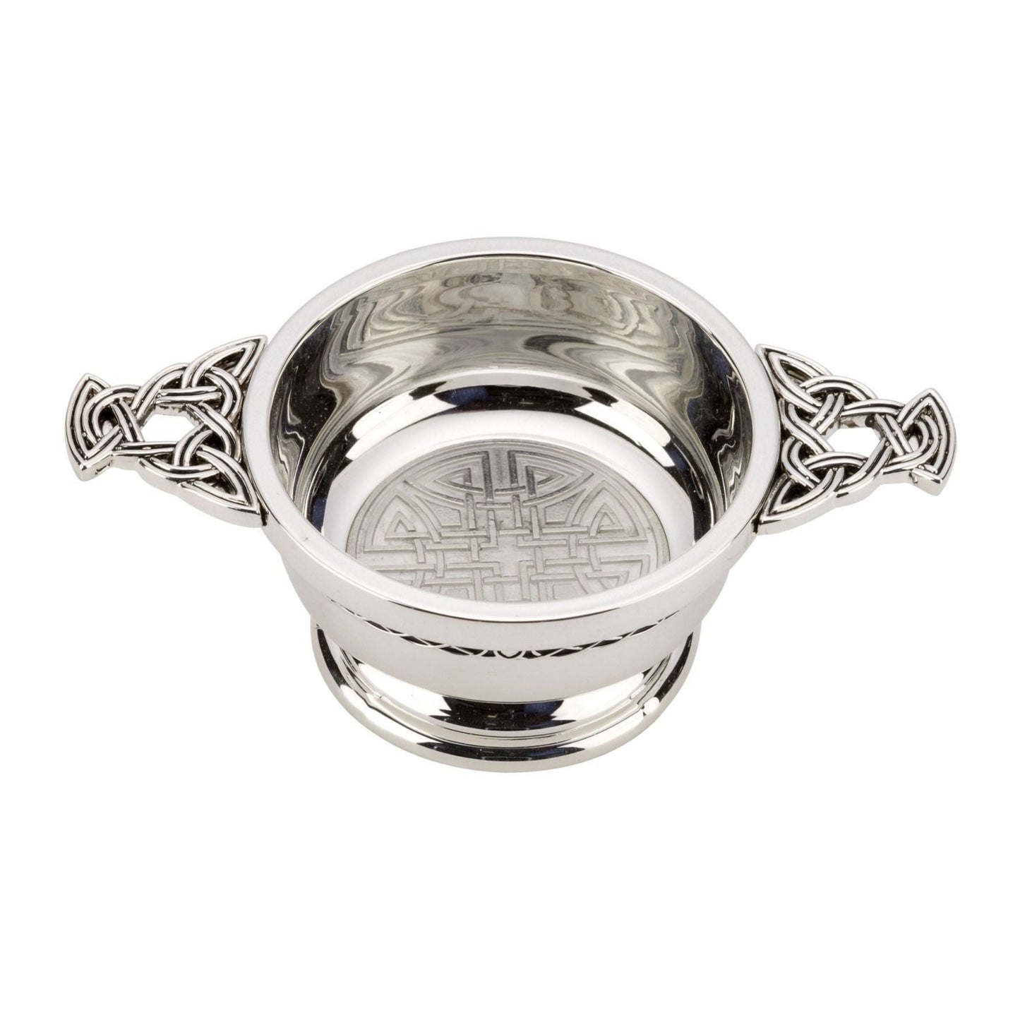 Silver colored bowl with celtic knotwork handles and a celtic knot in the bottom of the center