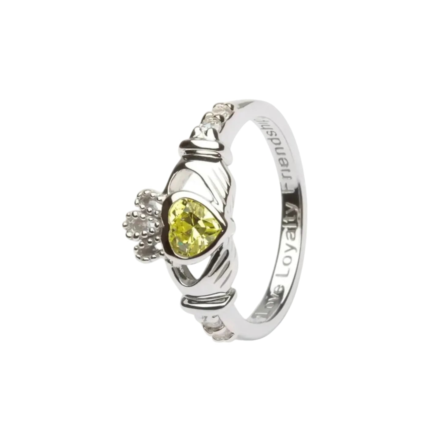 A sterling silver claddagh ring with a yellow-green heart-shaped gem in the center.