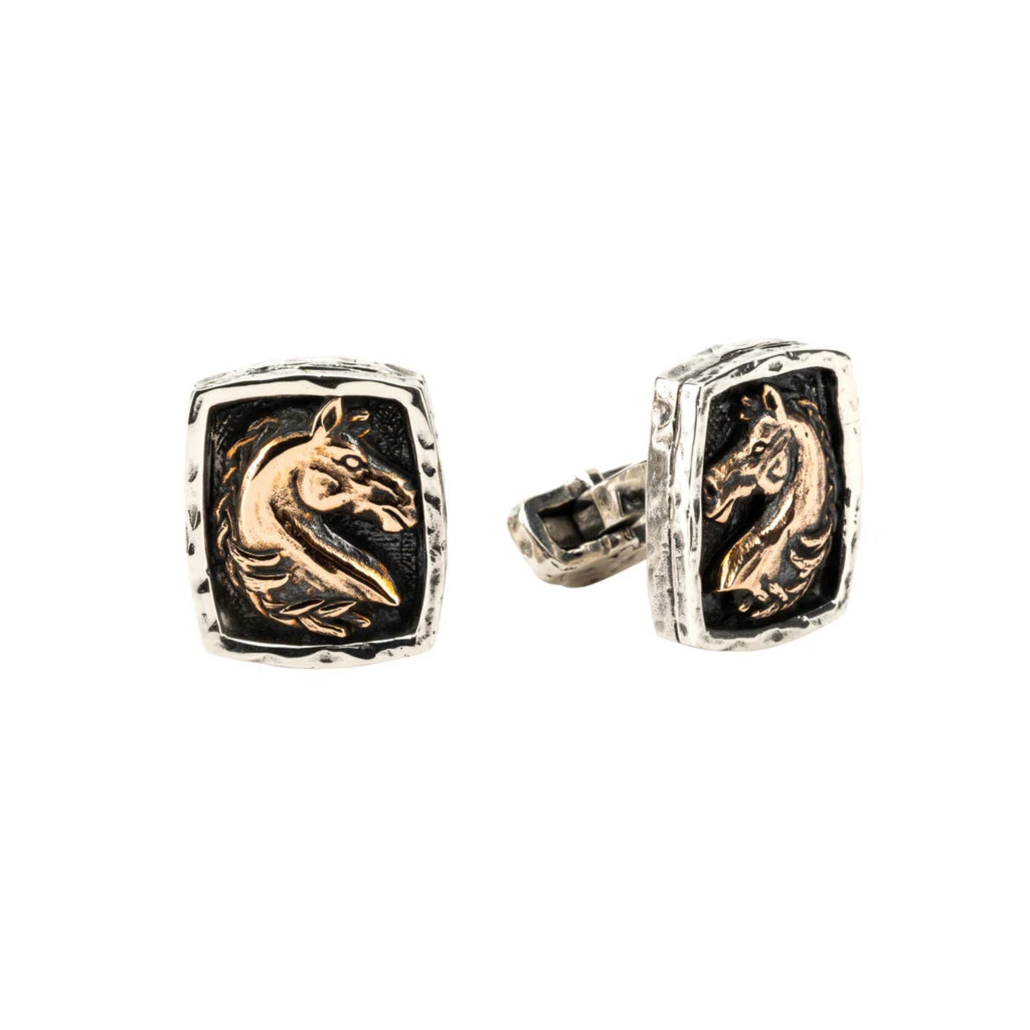 A pair of silver and bronze horse cufflinks with oxidized finish, featuring the profile of a horse's head in relief on a black background.