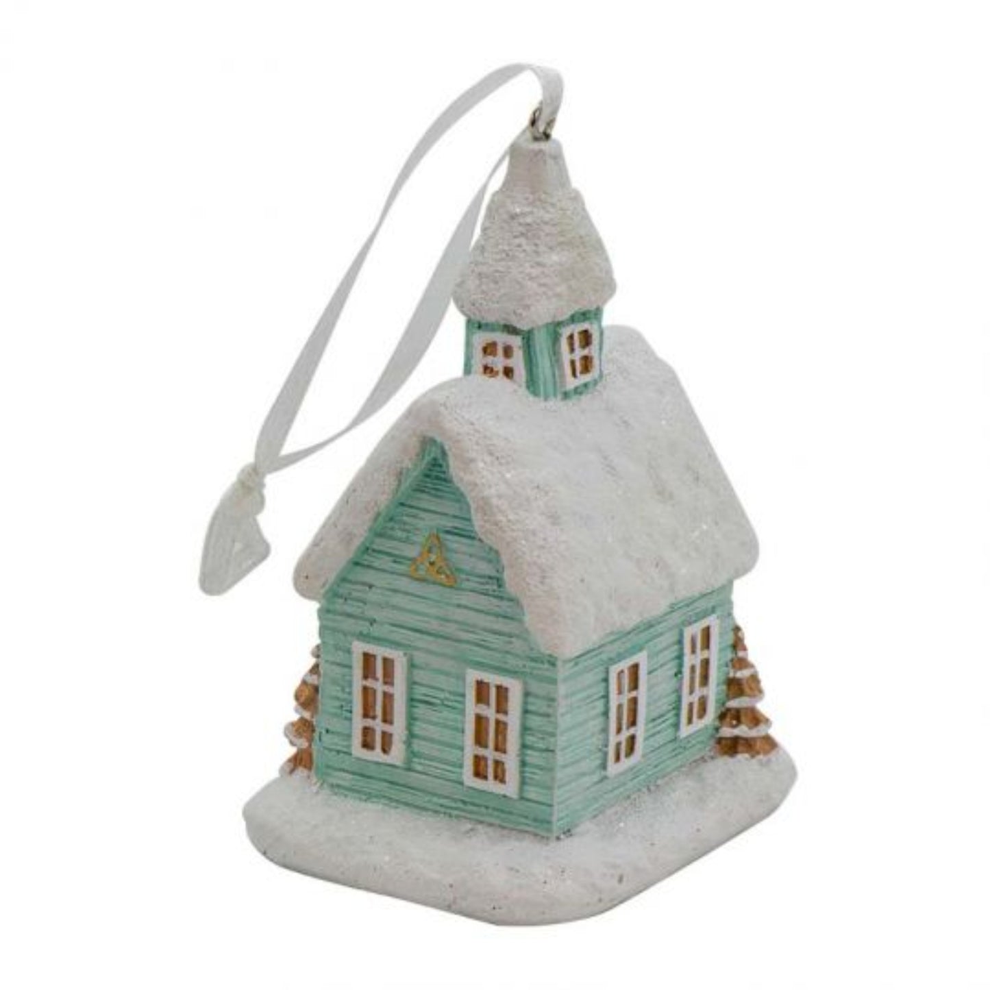 The back of a christmas ornament depicting a snowy Celtic church with a trinity knot hung on the exterior.
