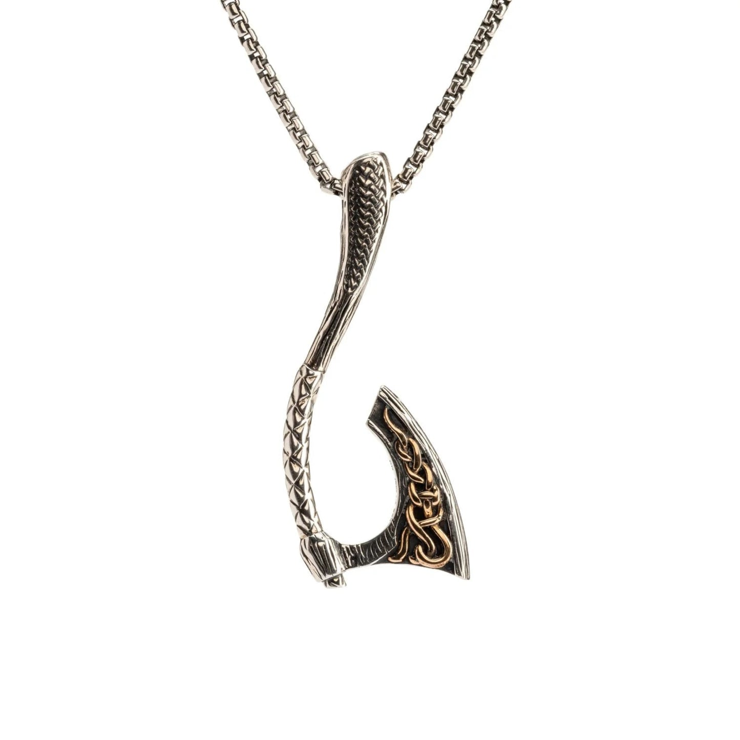 A silver and bronze curved Viking warrior axe pendant on a light oxidized Venetian style chain.