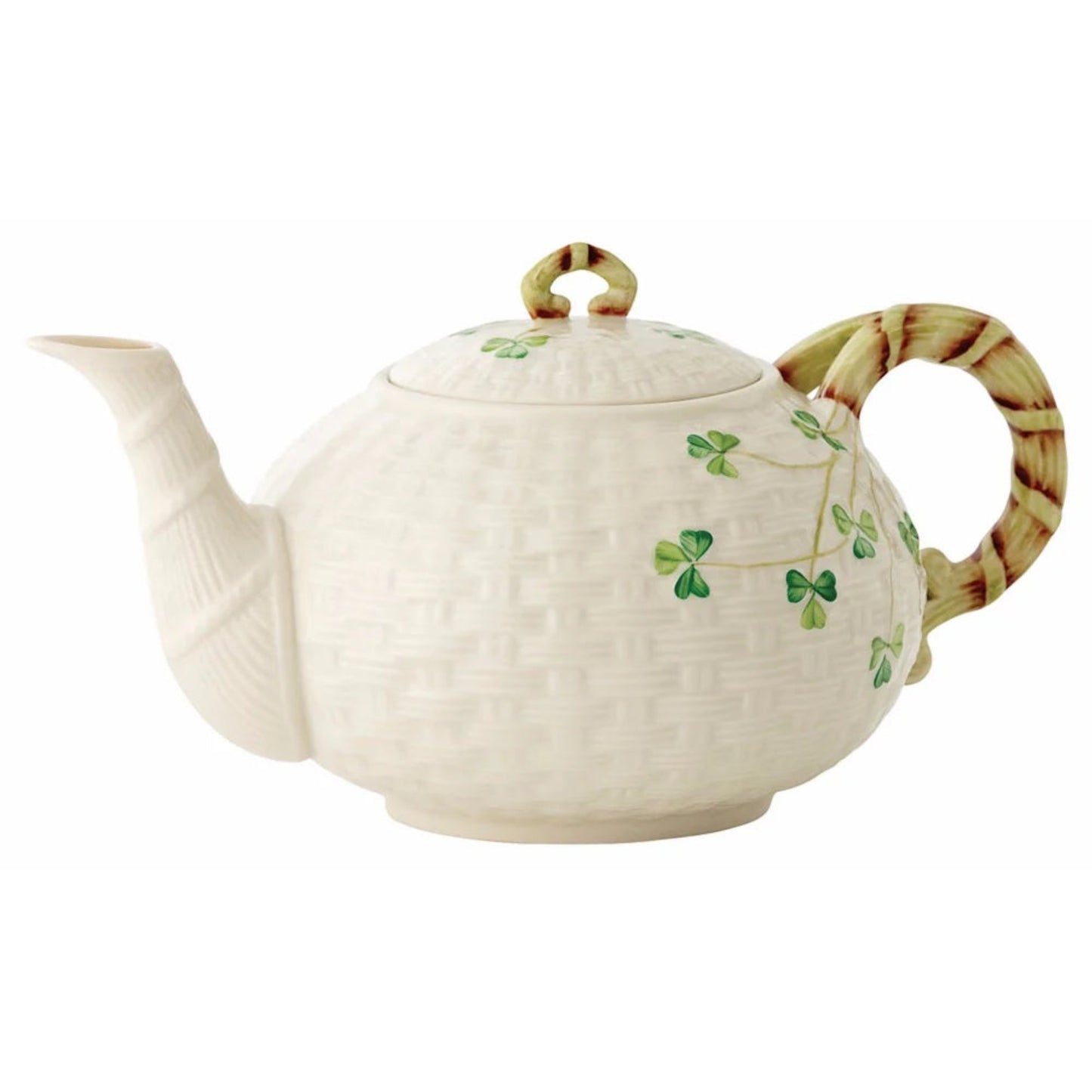 Ceramic teapot with clover designs on a white background