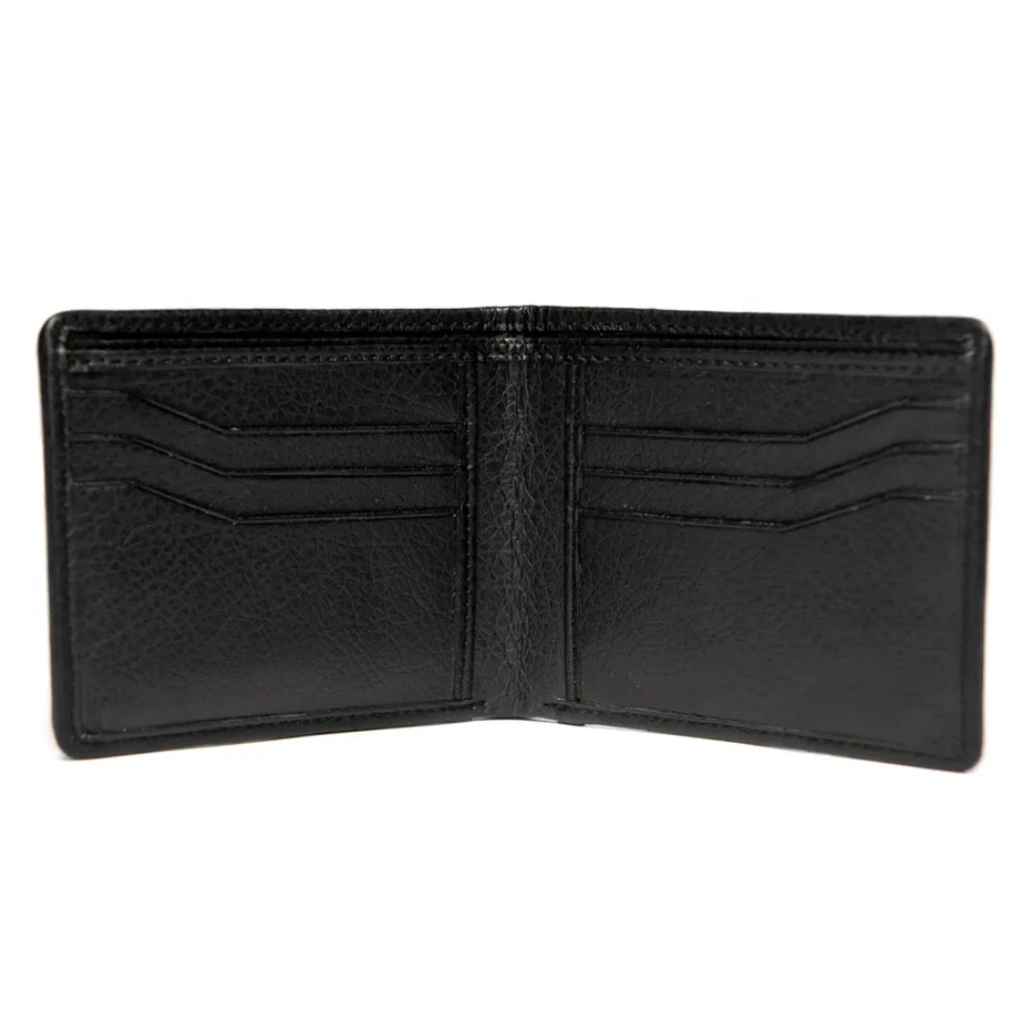 Black leather wallet open on a white background