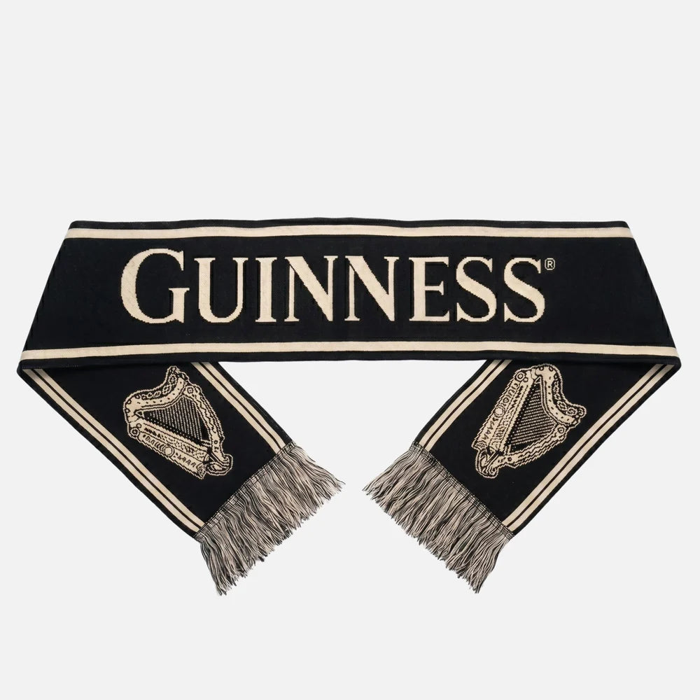 Black scarf with Guinness logo and harp design on a white background