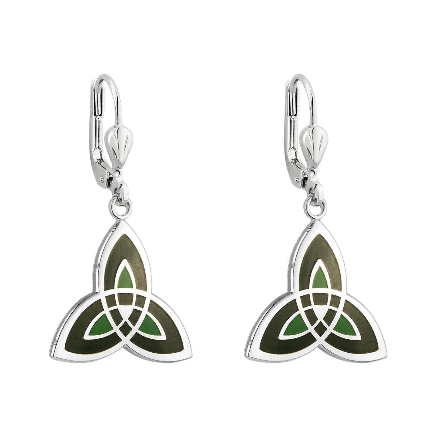 A pair of silver-colored trinity knot earrings with green enamel coloration on the front.