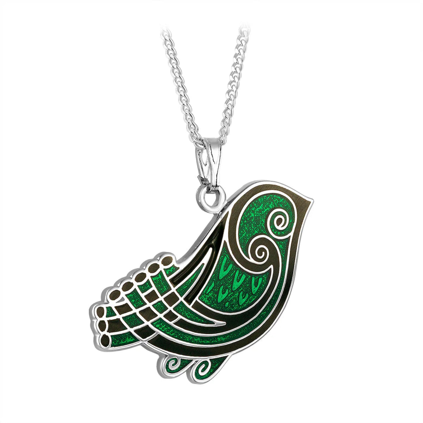 A silver-colored necklace with a stylized green enamel bird pendant.