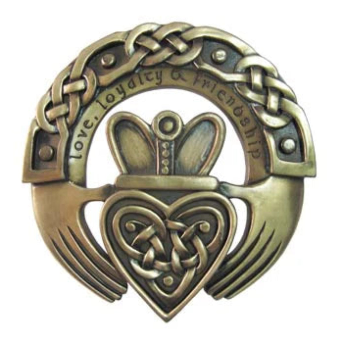 Bronze Claddagh ring with heart design on a white background