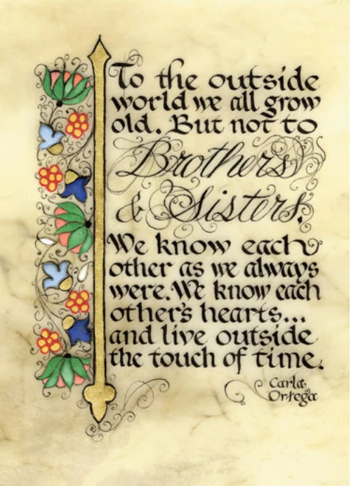 Decorative text with floral elements on a beige background