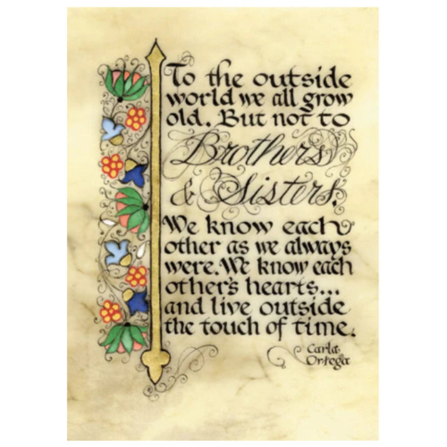 Decorative text with floral elements on a beige background