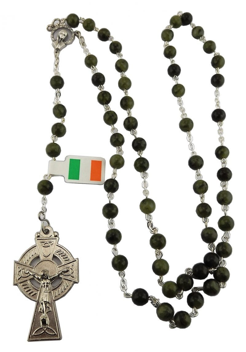 CONNEMARA MARBLE FULL ROSARY WITH ROUND BEADS WITH CELTIC CROSS AND IN A DISPLAY BOX