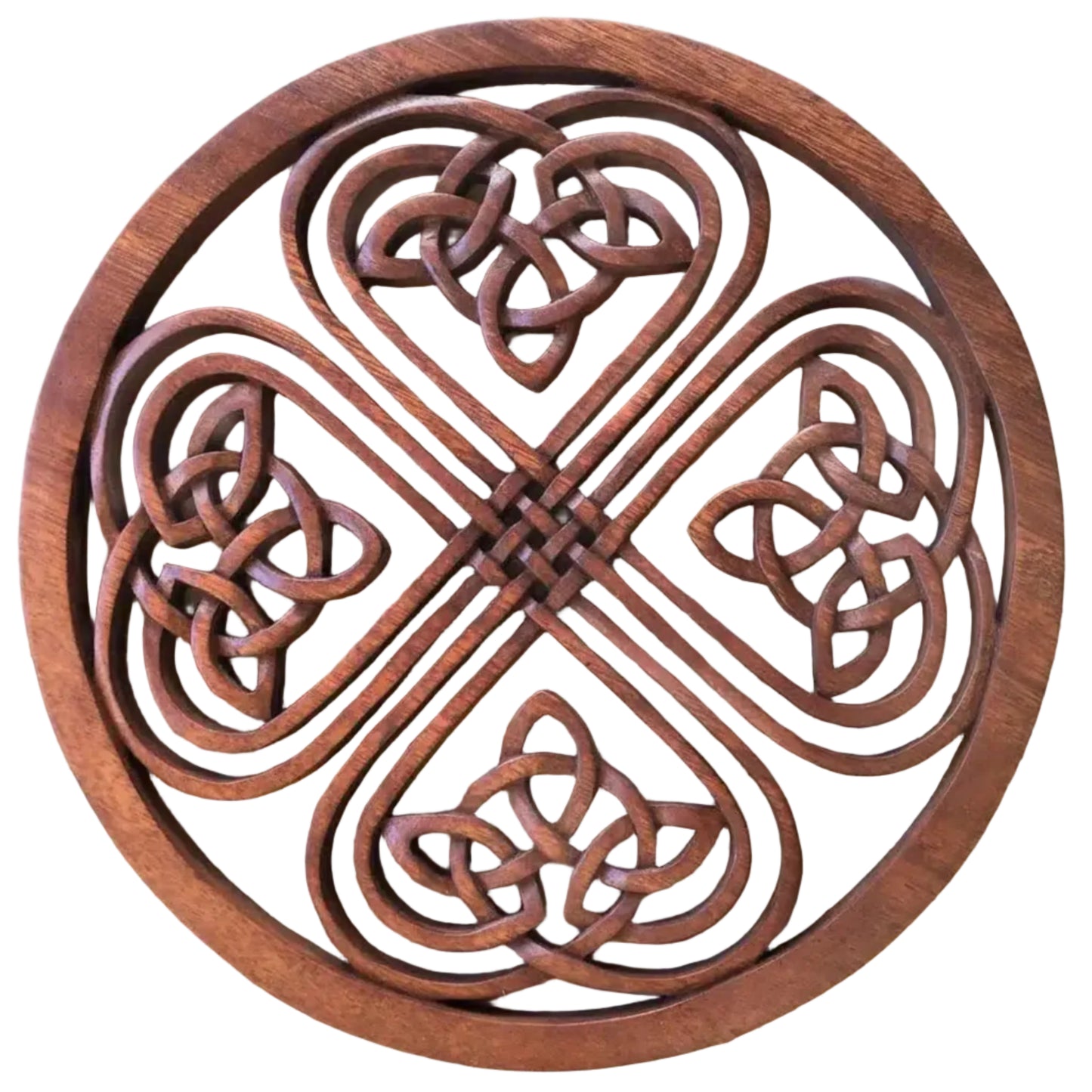 A wooden carving of a four leaf clover Celtic knot pattern.