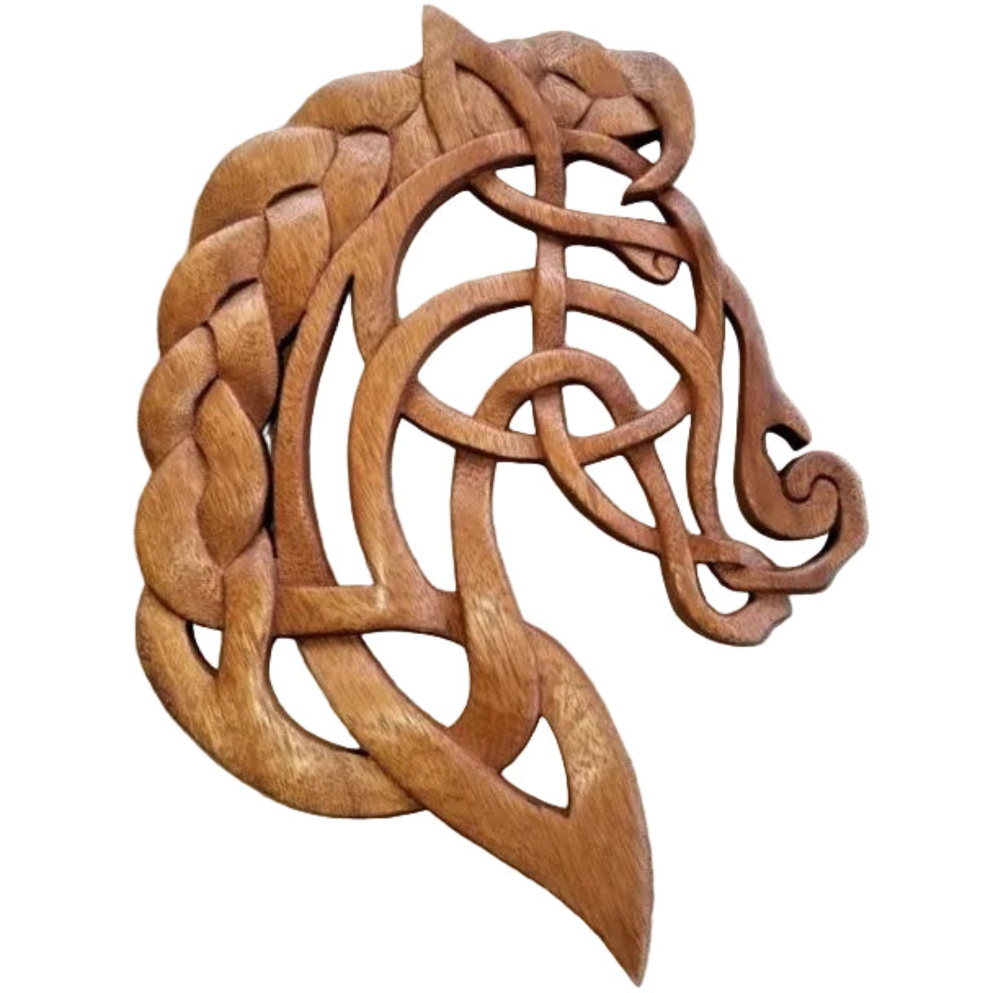 A wooden carving of a horse with interlaced patterns, showcasing varying shades of natural wood.
