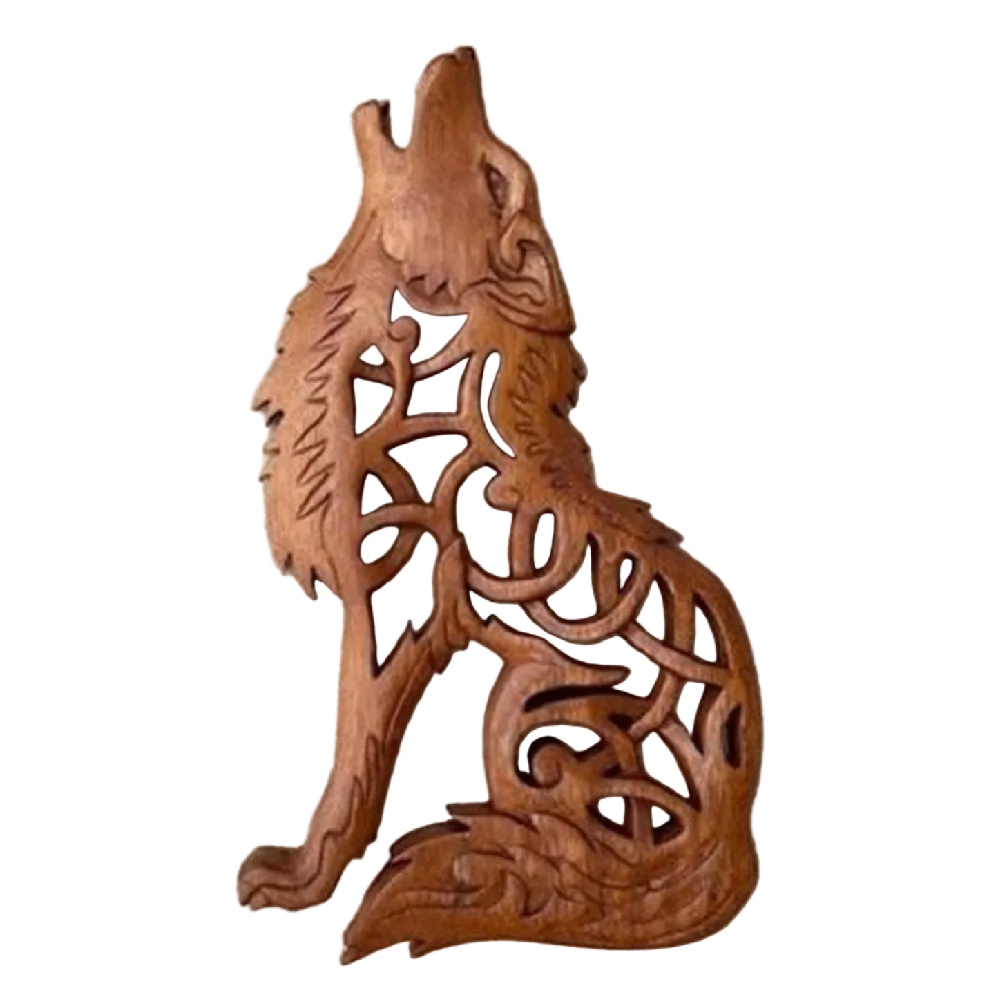 A hand-carved wooden wall hanging of a howling wolf with Celtic knotwork patterns.