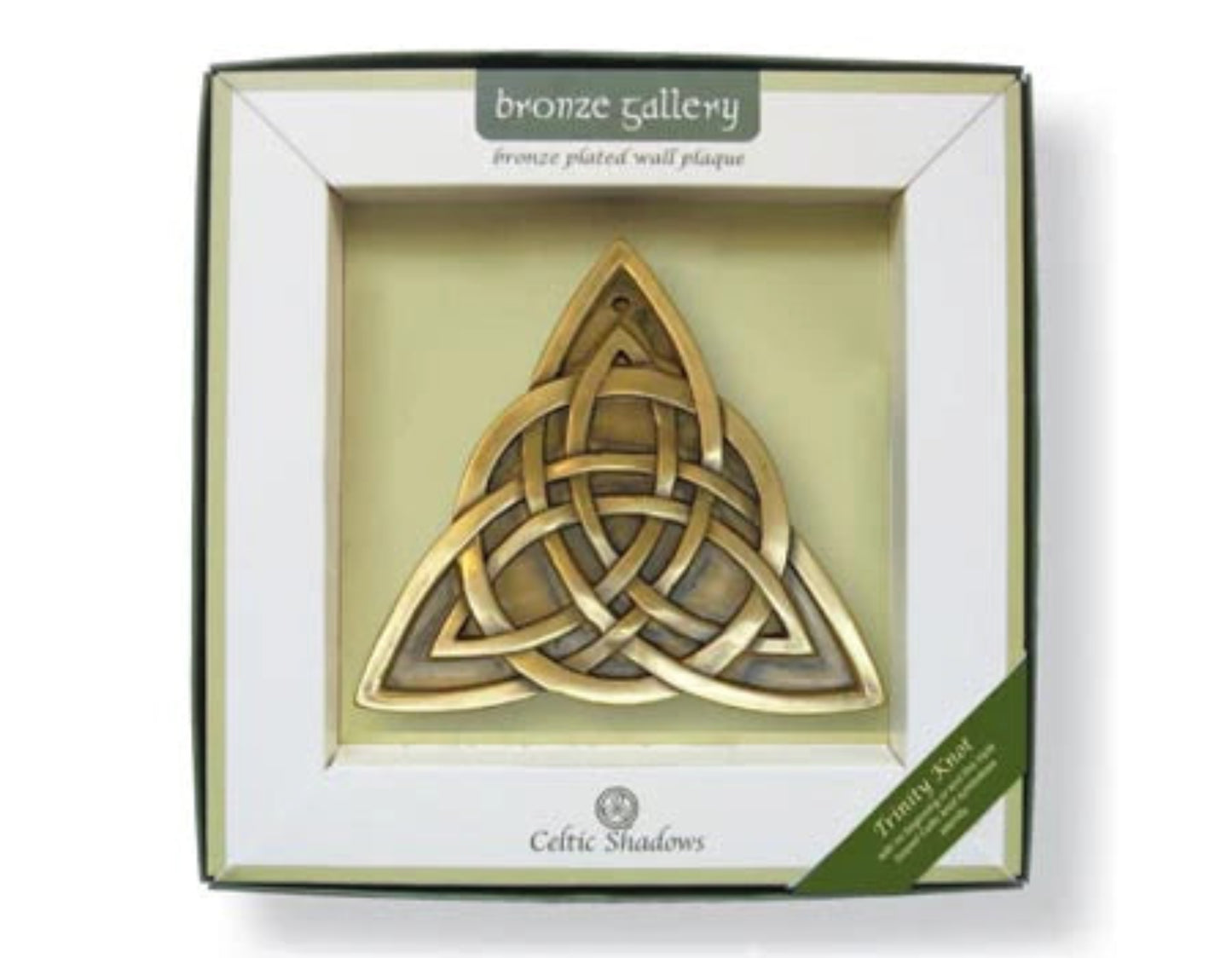 Bronze Trinity Knot wall plaque in packaging with 'Celtic Shadows' branding.