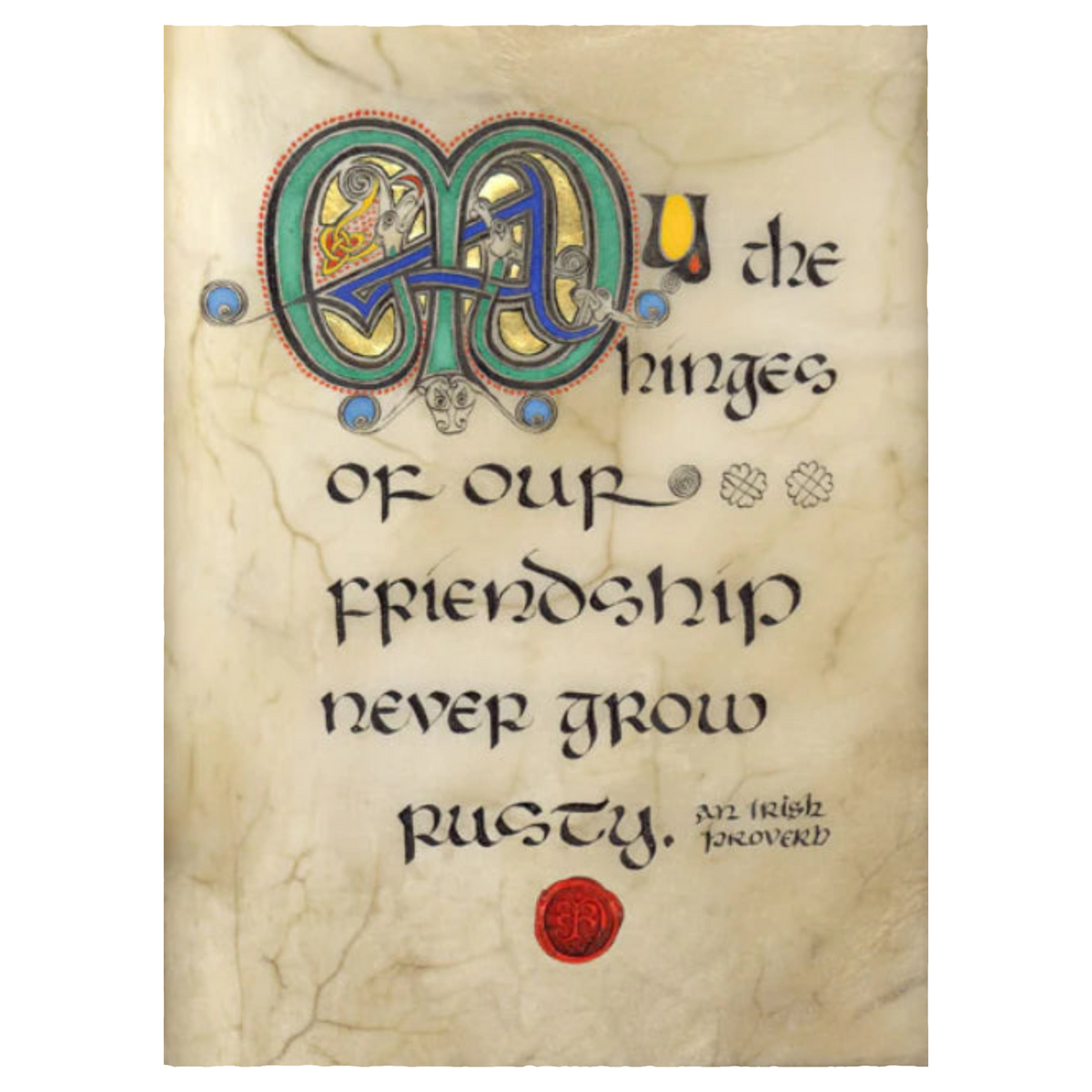 Beige manuscript print with colorful calligraphy, black text, and a red stamp.