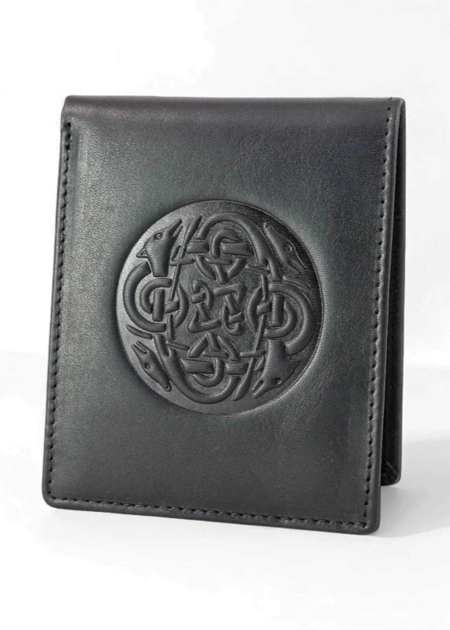 Black leather wallet with Celtic knot design on a white background