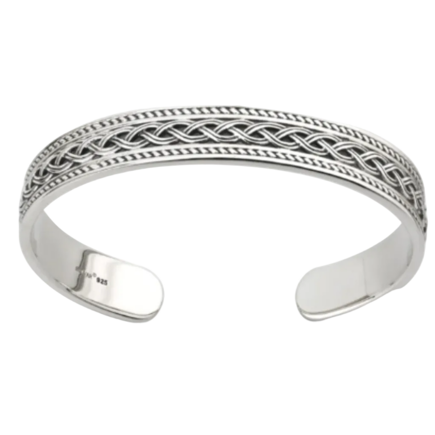 A sterling silver Celtic Knot bangle with intricate patterns, displayed against a white background.