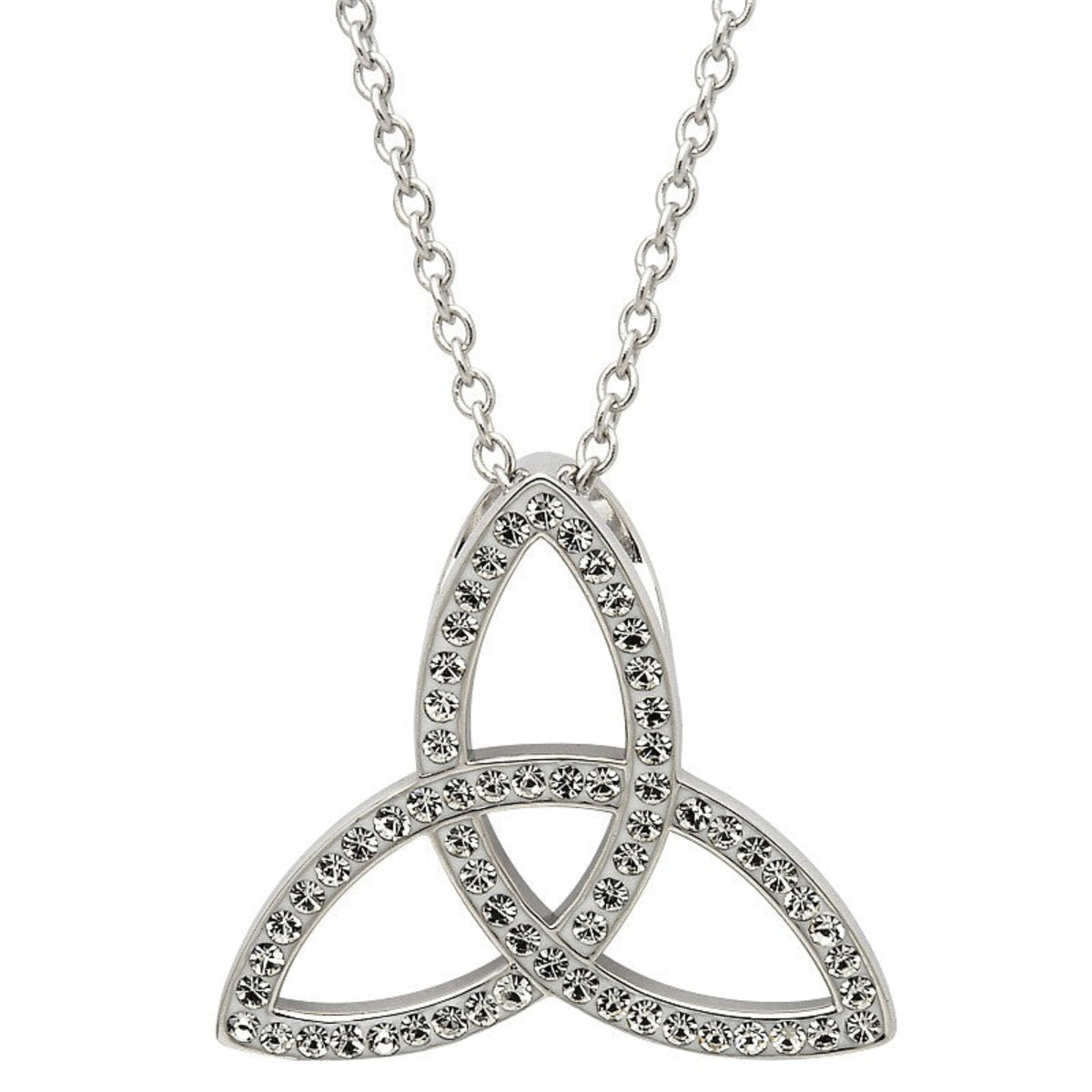 A Celtic Trinity Knot necklace embellished with white crystals, made from Sterling Silver, displayed on a chain.