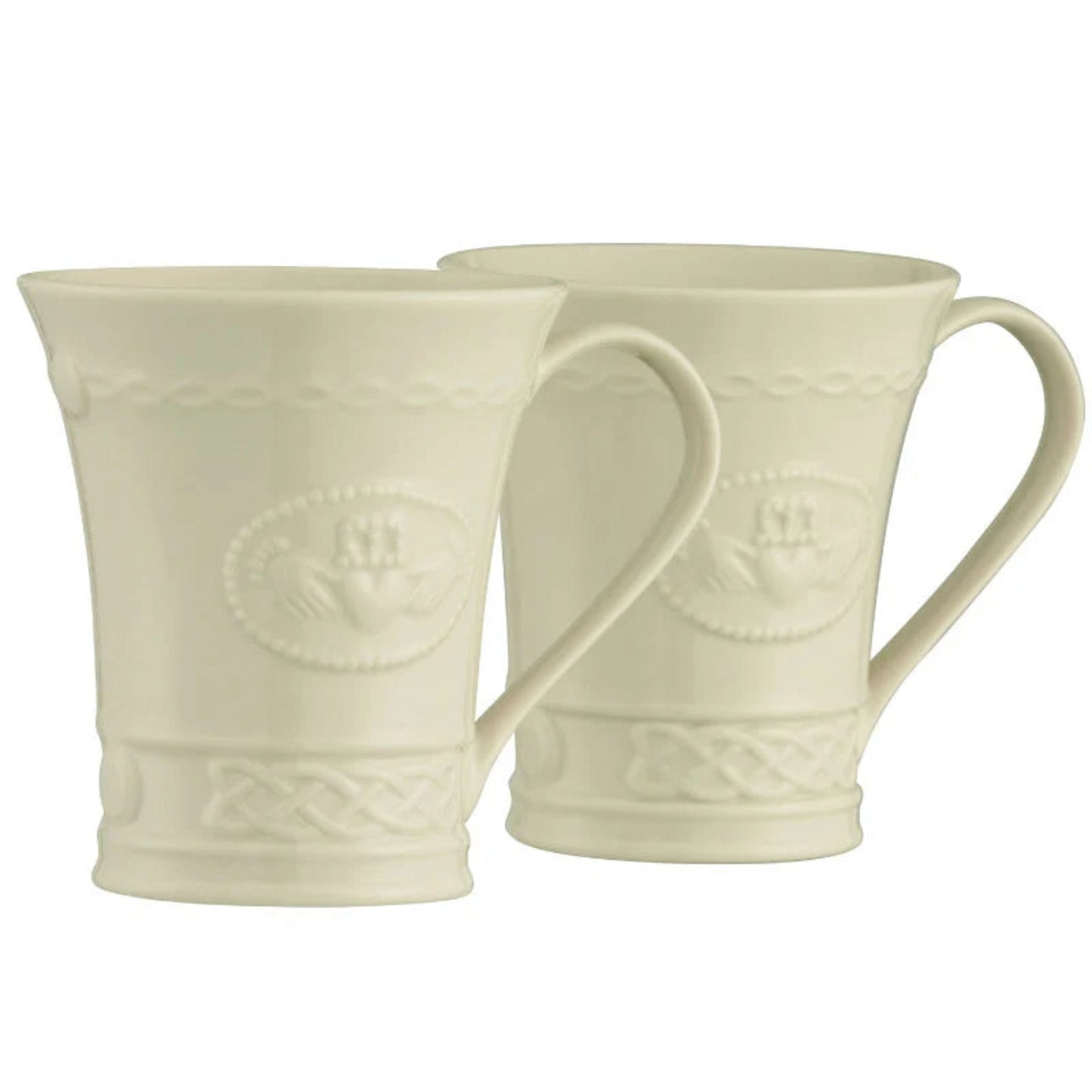 Two mugs with embossed Claddagh symbols and Celtic knotwork.