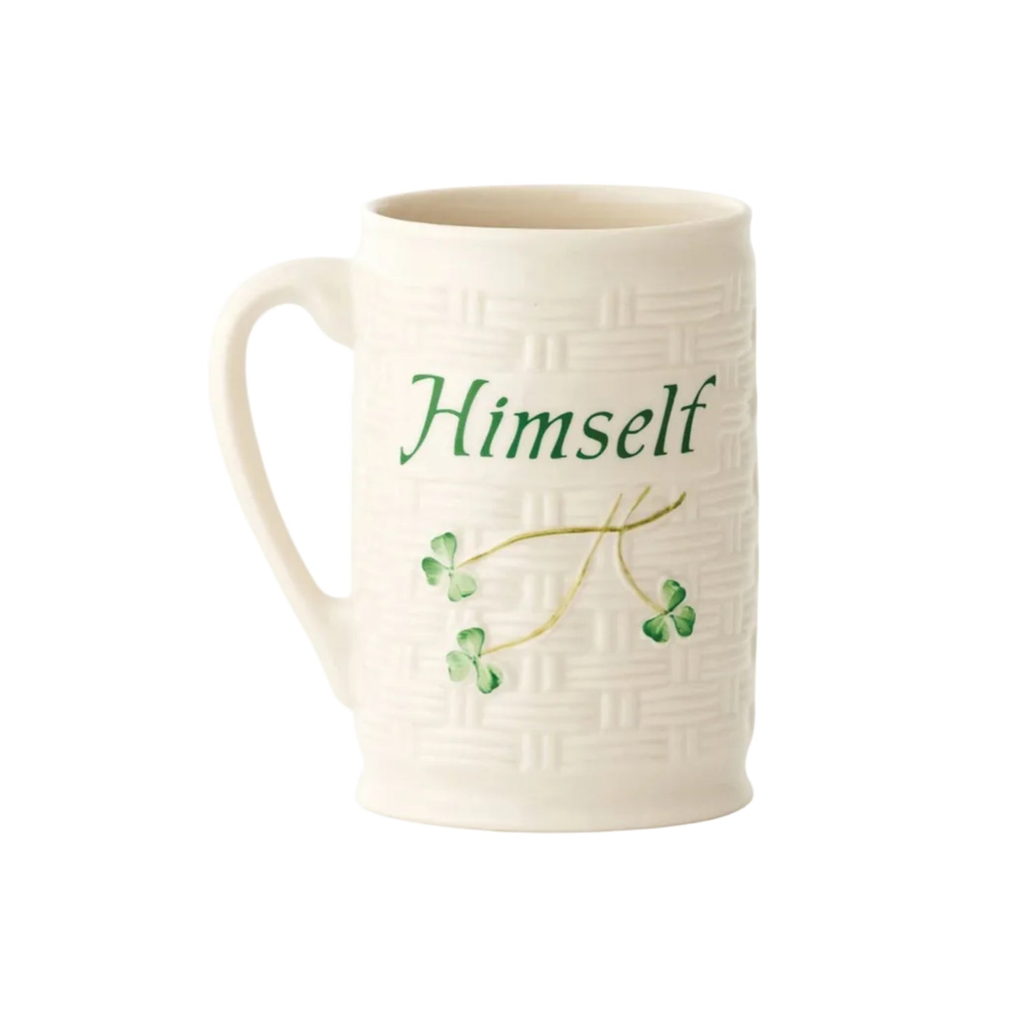 White mug with 'Himself' text and clover design on a white background