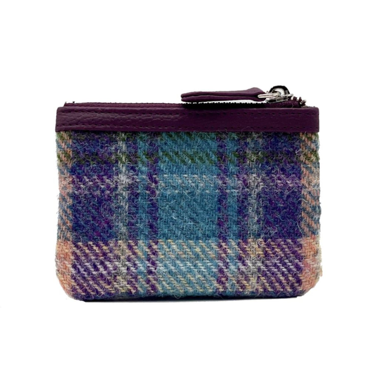 Plaid coin purse with purple zipper on a white background