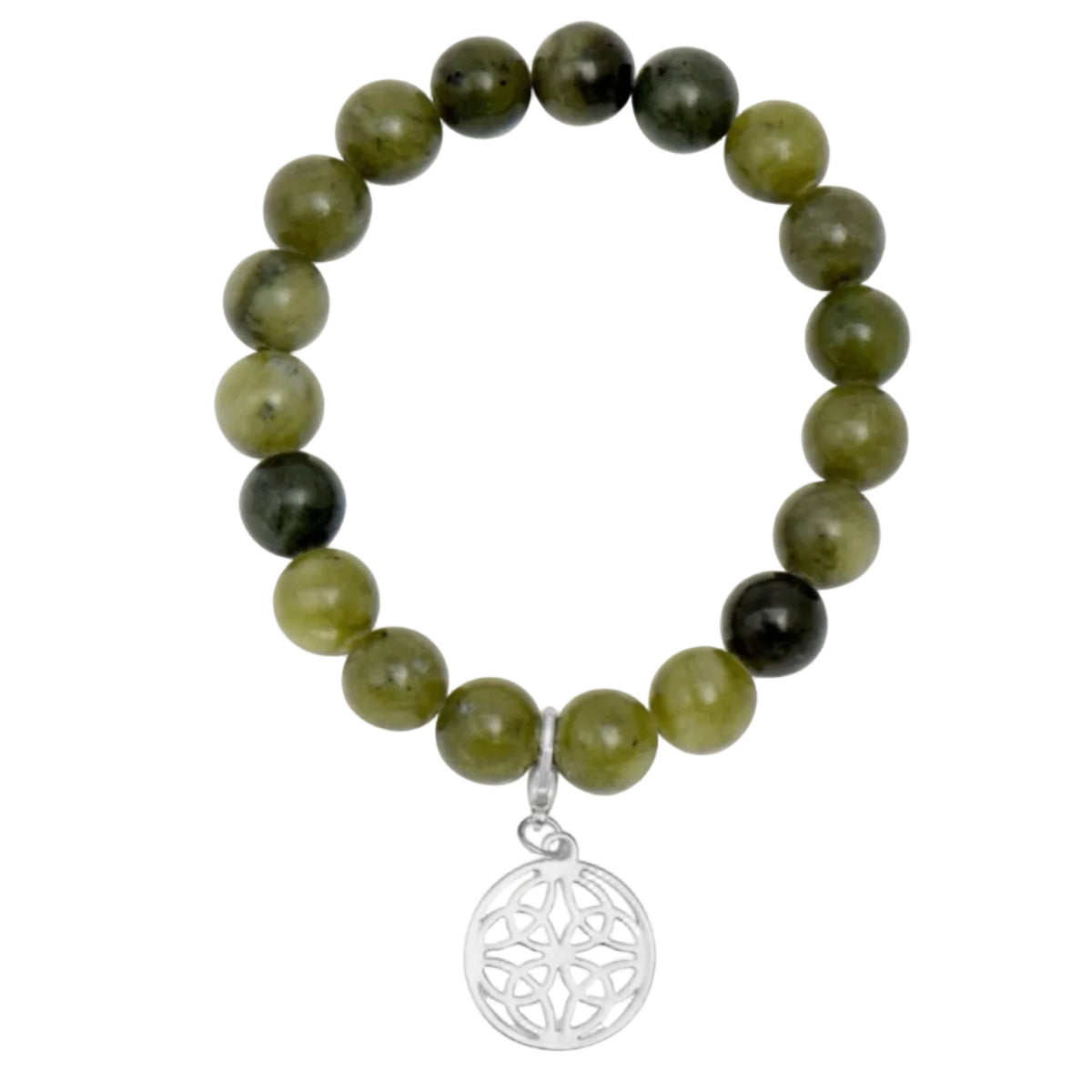 Green beaded bracelet with a hanging silver-colored celtic knot charm.