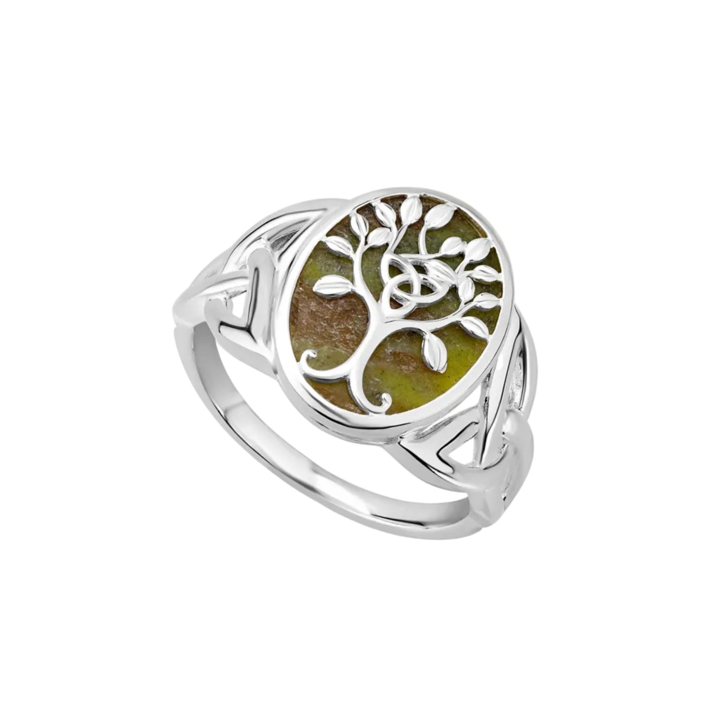 A sterling silver ring with a large Connemara marble stone in the center, bordered by trinity knots. The stone features an intricate silver tree of life and a small trinity knot in its branches.