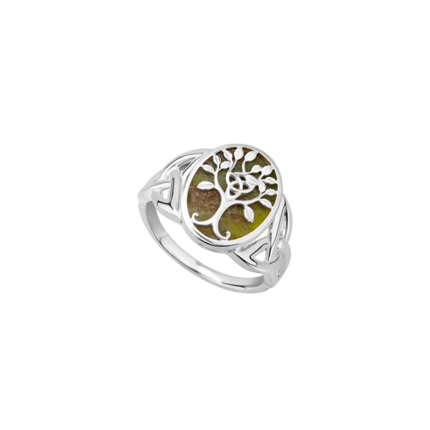 A sterling silver ring with a large Connemara marble stone in the center, bordered by trinity knots. The stone features an intricate silver tree of life and a small trinity knot in its branches.