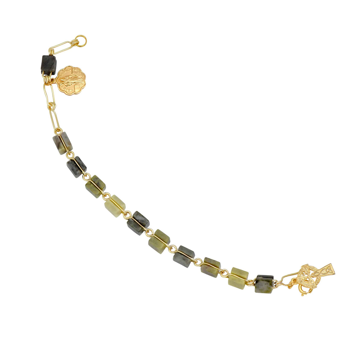 Gold and black beaded necklace on a white background