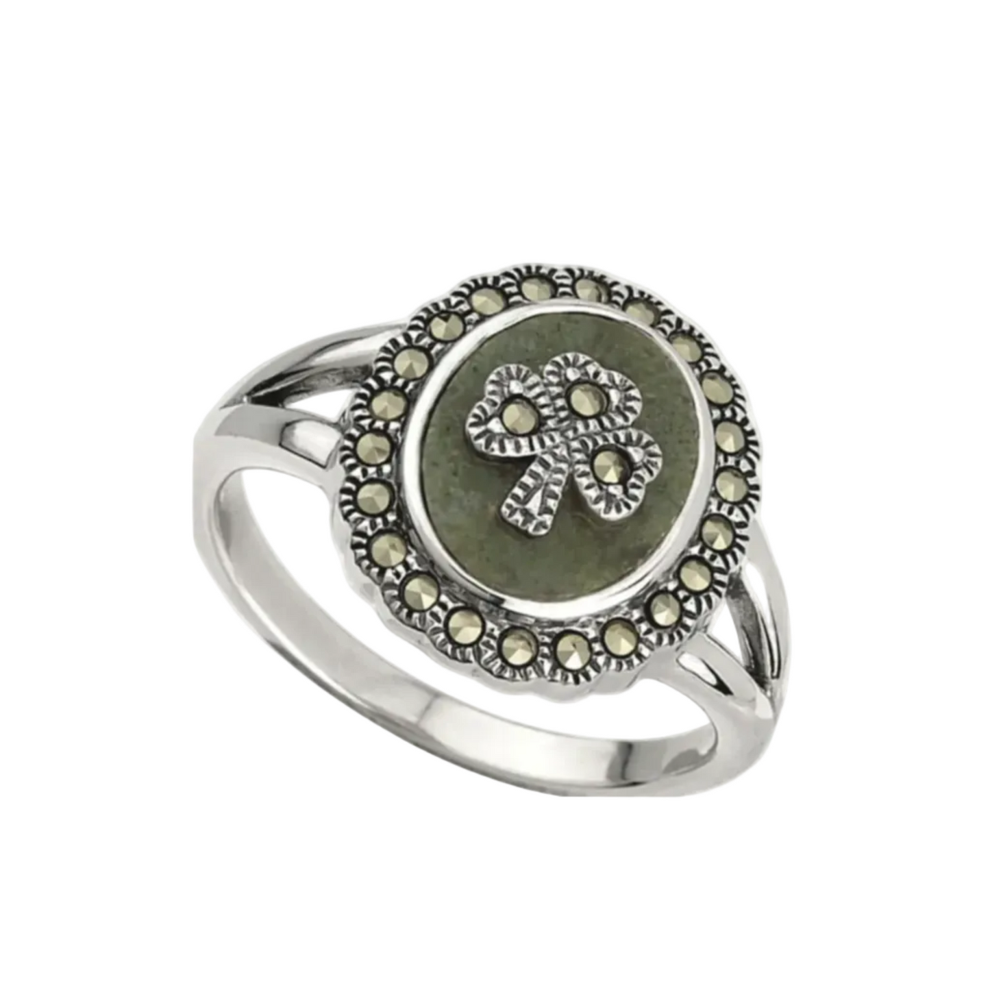 A sterling silver ring featuring a large central Connemara marble stone. The marble has a silver shamrock in the center with a marcasite stone in each leaf. The marble is bordered by 22 marcasite stones.