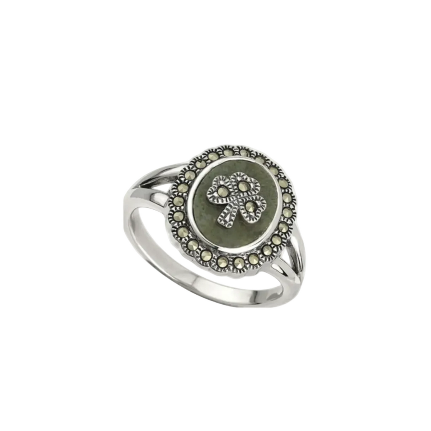 A sterling silver ring featuring a large central Connemara marble stone. The marble has a silver shamrock in the center with a marcasite stone in each leaf. The marble is bordered by 22 marcasite stones.
