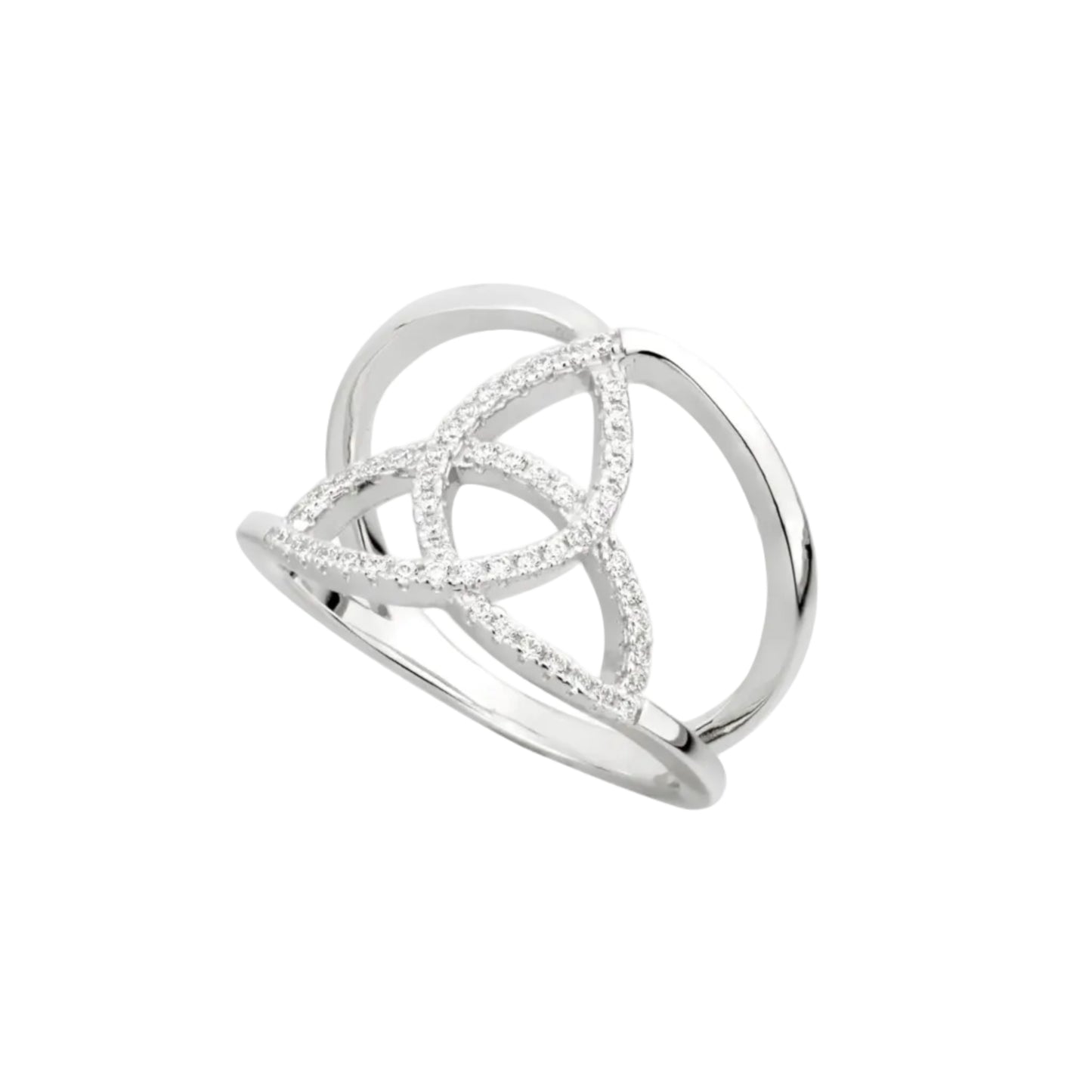 A sterling silver ring with cubic zirconia stones, featuring an open Trinity Knot design.