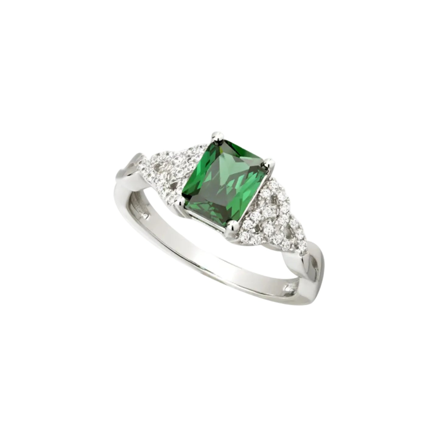A sterling silver ring with a green cubic zirconia centerpiece. The stone is bordered on either side by trinity-shaped silver supports. The trinity knots are studded with clear white cubic zirconia stones.