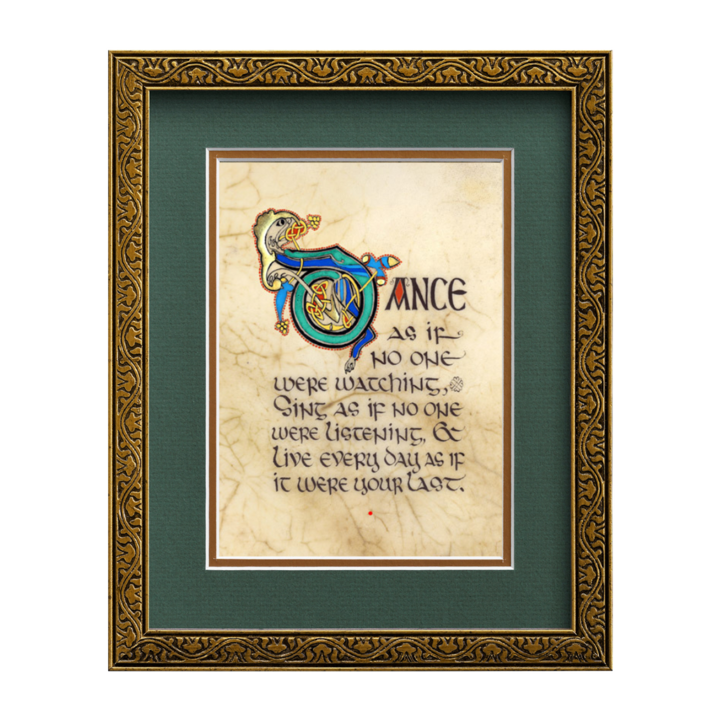Framed artwork with decorative text and emblem on a white background